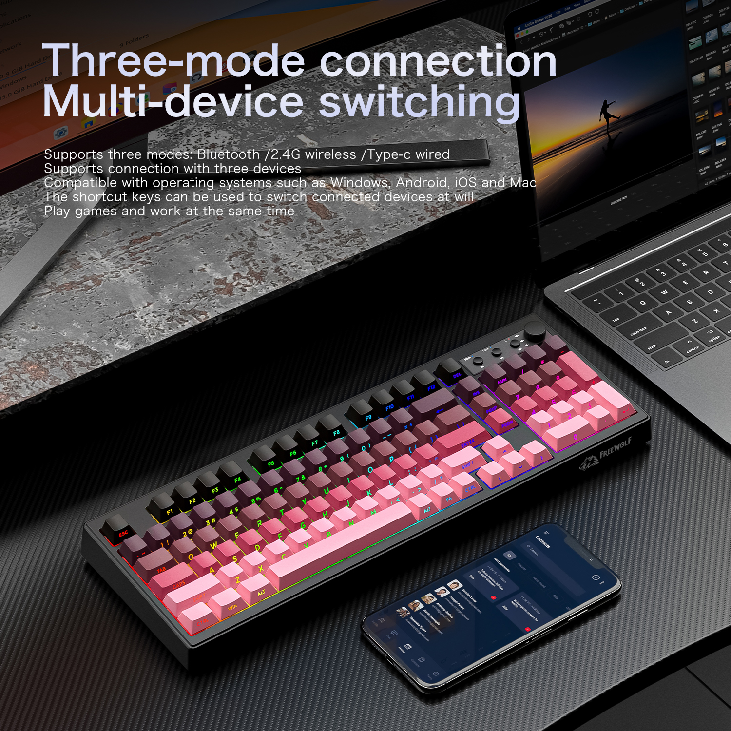 FREEWOLF k100 three-mode silen - Keyboard Gaming Mac avis et prix